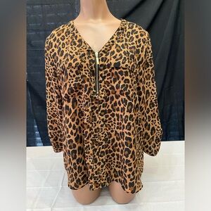 CATO Womens Shirt M Brown Zipper Pockets Animal Print Tunic Roll Tab Good